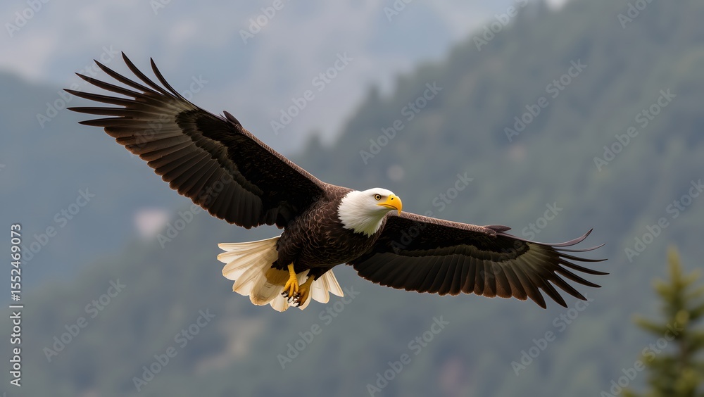 Naklejka premium Majestic Bald Eagle in Flight, Wings Spread Wide, Soaring Above Mountainous Terrain, A Breathtaking Display of Natures Power and Grace.