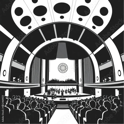 A concert hall where music fills the evening air