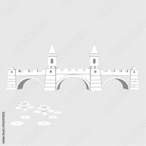 A castle drawbridge lowered over a lily-covered mo...