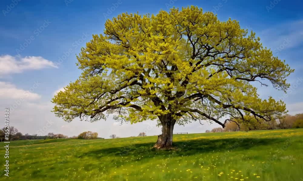A solitary. tree stands green in a spring meadow under a blue sky with white clouds, a serene rural landscape A solitary. tree stands green in a spring meadow under a blue sky with white clouds, a serene rural landscape