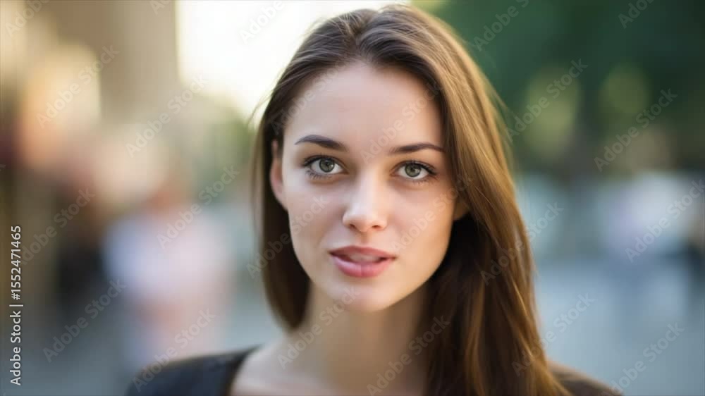 Beautiful woman with straight, medium-to-long brown hair, round face, large eyes, and a warm smile, set against a city street background Beautiful woman with straight, medium-to-long brown hair, round face, large eyes, and a warm smile, set against a city street background