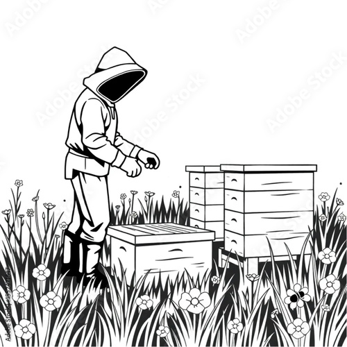 A beekeeper tending hives in a meadow