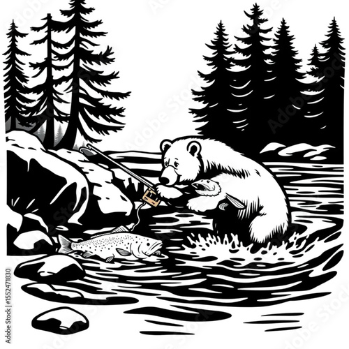 A bear fishing patiently for salmon in a rushing r...