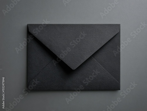 A flatlay overhead shot of a matte black envelope on a dark grey background.  The envelope is sealed and shows subtle texture