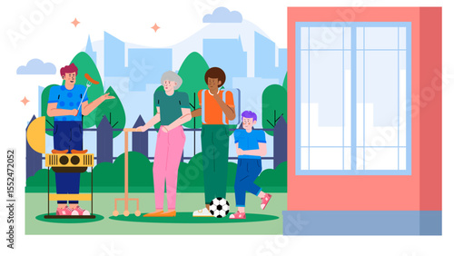Group enjoys a backyard barbecue near a building. Suitable for summer cookout promotions, outdoor dining, friends gathering, and urban backyard scenes.