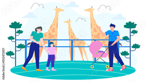 Family watching giraffes at the zoo while an infant rides in a pink stroller. Perfect for family and travel themed content.