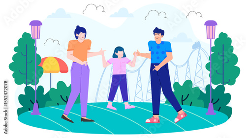 Family enjoys walks near a park roller coaster. Suitable for family activities, outdoor fun, amusement parks, leisure, and recreational concepts.