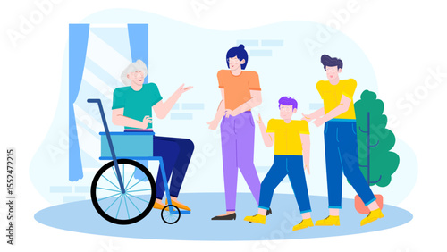Elderly woman in wheelchair chatting with three family members, suitable for healthcare, diversity, and intergenerational communication concepts.