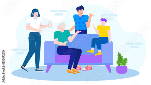 Family bonding on purple couch, leisurely atmosphere; suitable for lifestyle blogs, home decor promotions, and family therapy materials.