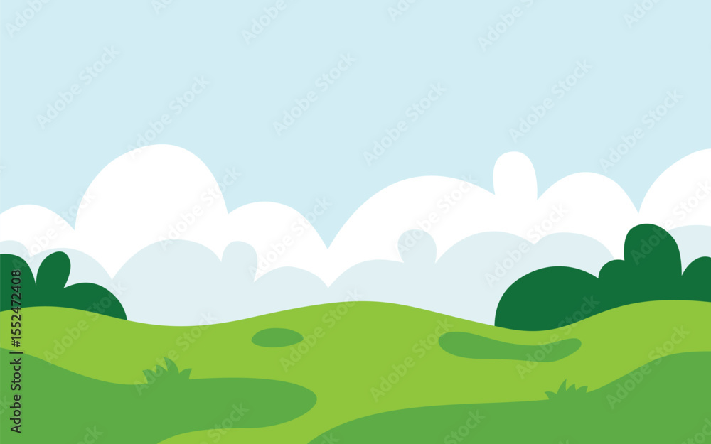 Fototapeta premium Cartoon Landscape With Green Hills, Trees, And A Cloudy Blue Sky.
