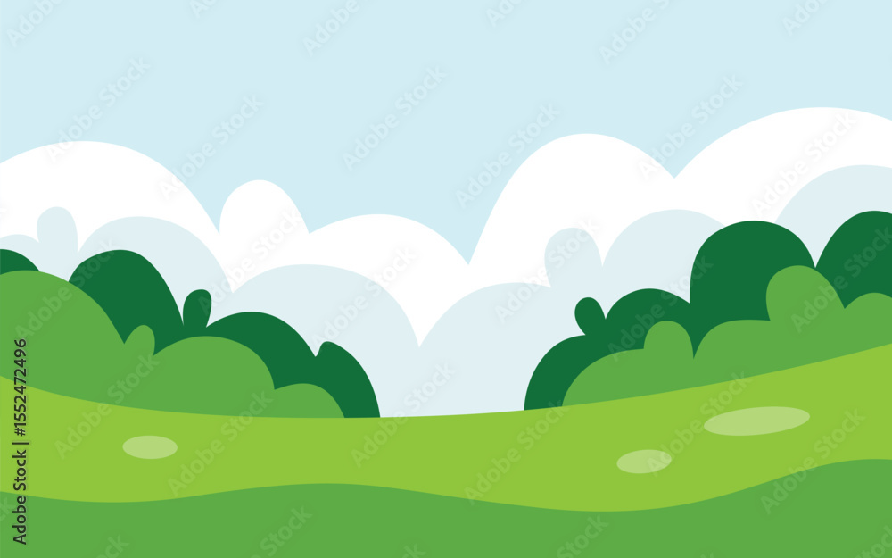 Fototapeta premium Cartoon Landscape Illustration Featuring Green Hills, Stylized Trees, And A Cloudy Sky.