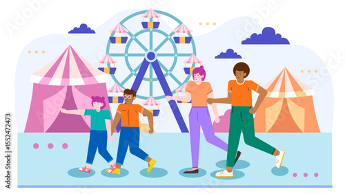 Family enjoying a fun fair ride near tents. Suitable for promoting family adventures at carnivals and amusement parks in a festive atmosphere.