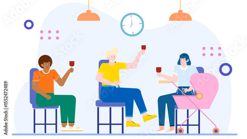 Three adults socializing with wine in outdoor setting, baby stroller nearby. Suitable for lifestyle blogs, social gatherings, parenting articles.