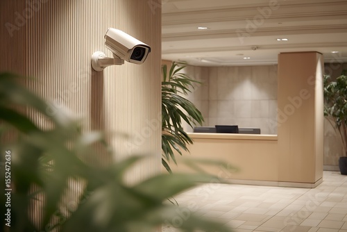 Security Camera Mounted on Modern Wooden Wall in Office Building Lobby