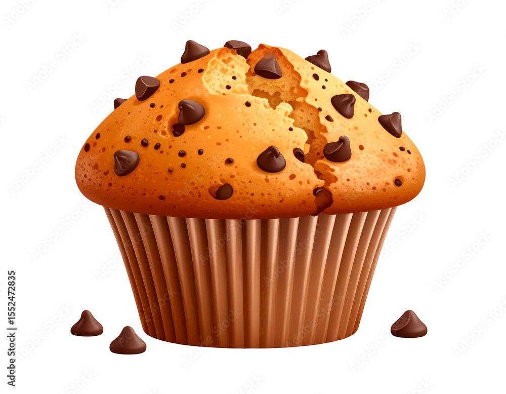 A golden-brown muffin, studded with chocolate chips, sits in a paper liner; a few chips are scattered nearby A golden-brown muffin, studded with chocolate chips, sits in a paper liner; a few chips are scattered nearby