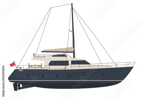 A side view shows a large dark blue and beige yacht under sail against a stark white backdrop