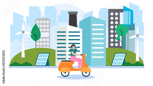 Woman gracefully rides an electric scooter in a futuristic, ecofriendly city. Suitable for environmental concepts, sustainable transportation, urban lifestyle themes.