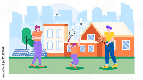 Family enjoying outdoor activities near sustainable energy sources; ideal for renewable energy campaign materials, ecofriendly lifestyle content, and family recreational ads.