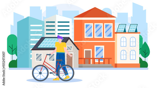 Person on bike near solar powered urban homes, ideal for sustainability, green living, ecofriendly transportation, smart city concepts, and environmental themes.
