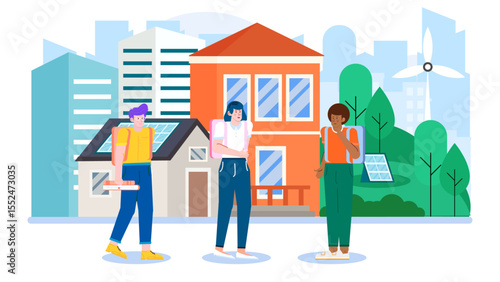 Three students by city house with solar panels; suitable for educational or environmental concepts in urban settings.