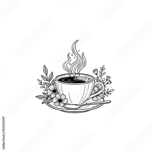 Coffee cup with floral design, tea cup illustration, hot drink, caffeine beverage, floral coffee drawing art