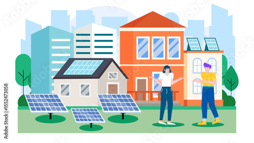 Two people discuss solar panels on houses in a city. Suitable for renewable energy, ecofriendly, urban development, sustainability concepts.