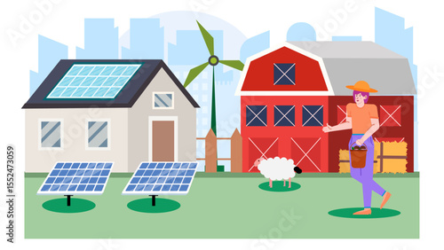 Farmer next to a solar powered house and barn, with a sheep. Suitable for showcasing sustainable farming practices and ecofriendly living.