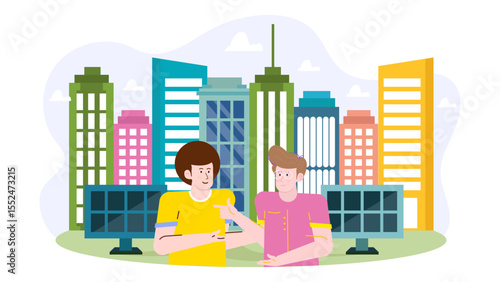 Two men discussing solar panels near colorful city buildings; ideal for sustainable energy, urban planning, green technology, and ecofriendly lifestyle concepts.