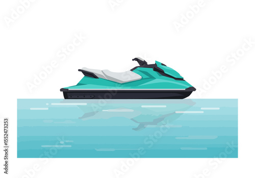 A turquoise and gray jet ski sits on blue water reflected beneath