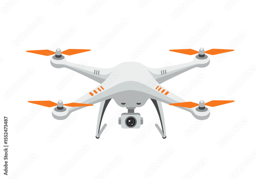 A white drone with orange propellers faces forward showing the mounted camera A white drone with orange propellers faces forward showing the mounted camera