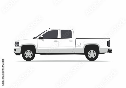 A white crew cab pickup truck depicted as a vector graphic showcasing its side profile against a blank background