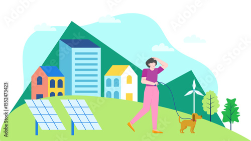 Woman walking dog near solar panels and windmills. Suitable for ecofriendly lifestyle blogs, renewable energy articles, and sustainable living concepts.