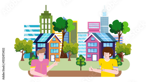 Two men admire solar powered houses in a vibrant city. Sustainable living, urban development, green energy, ecofriendly lifestyle concepts.