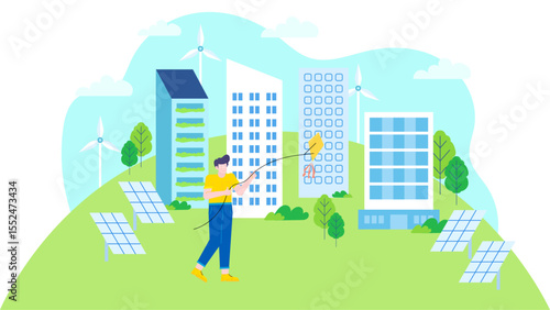 Man flying a kite near green ecofriendly buildings; suitable for sustainable living, renewable energy, urban green spaces, ecofriendly design concepts.