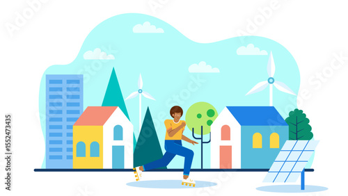 Person rollerblades past houses, windmills in ecofriendly town. Suitable for travel blogs, environmental websites, sustainable living concepts, cycling advertisements.
