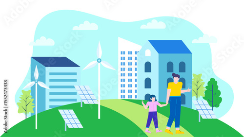 Father and daughter enjoying a sustainable city walk. Perfect for promoting ecofriendly urban living in various digital and print designs.