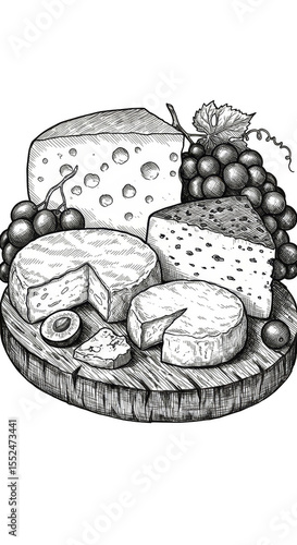 Vintage Cheese Grapes Illustration Still Life Food Dairy Meal