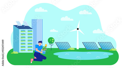 Man planting sapling by solar panels, wind turbine, pond. Suitable for ecofriendly concepts, renewable energy, sustainability, and green technology themes.