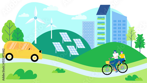 Green ecofriendly city featuring car, bicycles, solar panels, and wind turbines. Ideal for sustainable urban development concepts or environmental designs.