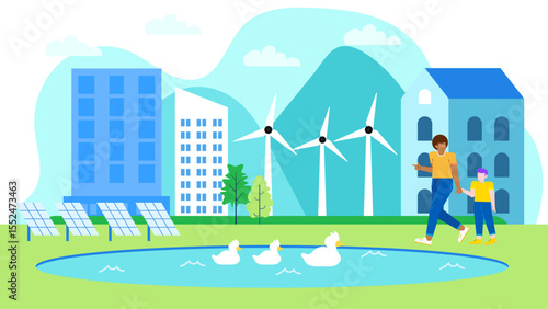 Father and son walk near a pond with windmills and solar panels. Suitable for environmental conservation, renewable energy, family activities content.