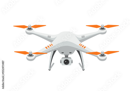 A white drone with orange propellers faces forward showing the mounted camera
