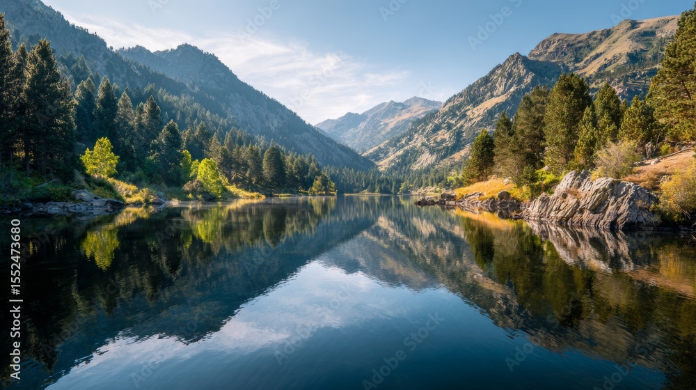 Tranquil mountain lake reflecting trees and hills during a clear day in a serene landscape Tranquil mountain lake reflecting trees and hills during a clear day in a serene landscape