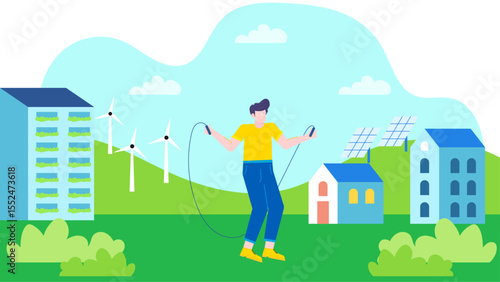 Man happily skips near green buildings, solar panels, and wind turbines. Suitable for ecofriendly concepts, renewable energy, and active lifestyle promotions.