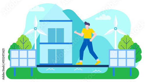Man walks near ecofriendly house powered by wind and solar energy. Suitable for environmental themes, sustainable living concepts, renewable energy presentations.