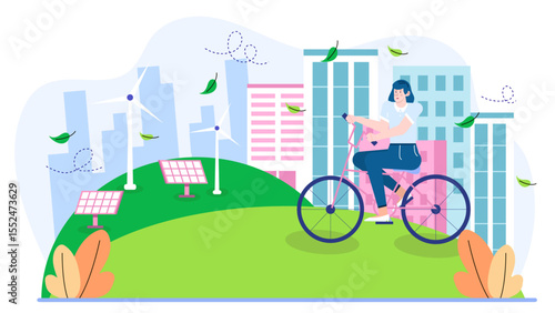 Woman biking past windmills and solar panels in an ecofriendly city, perfect for sustainable living, green energy, and environmental concepts.