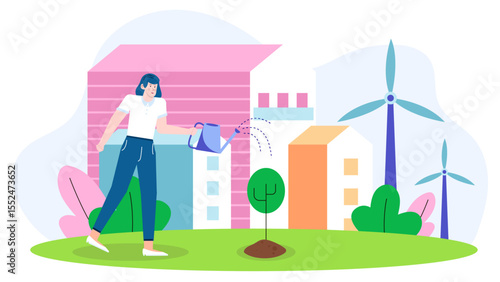 Woman tends to tree with wind turbines backdrop. Environment, renewable energy, conservation themes suitable for websites, presentations, and articles.