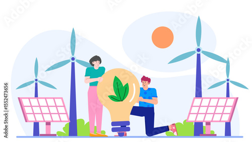 Green energy concept holding green lightbulb near windmills and solar panels. Suitable for environmental, sustainable energy, and conservation concepts.