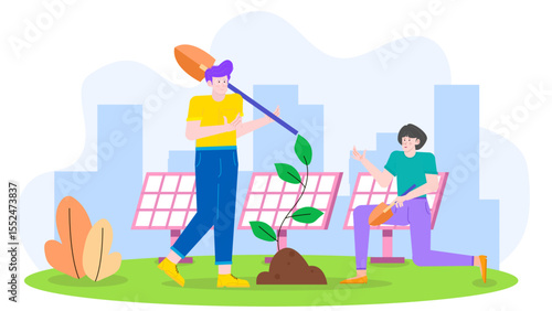 Two people planting a sapling near solar panels in a city, ideal for promoting renewable energy, urban green initiatives, and sustainability.