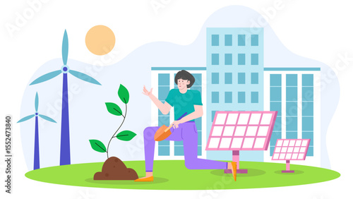 Woman planting a sapling near windmills and solar panels, symbolizing sustainable energy and environmental conservation. Suitable for green energy concept.
