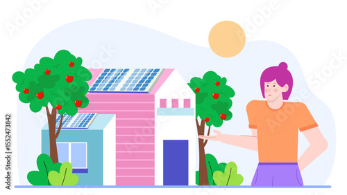 Woman promoting solar powered homes near apple trees under a sunny sky. Suitable for environmental campaigns, renewable energy promotions, and sustainable living graphics.